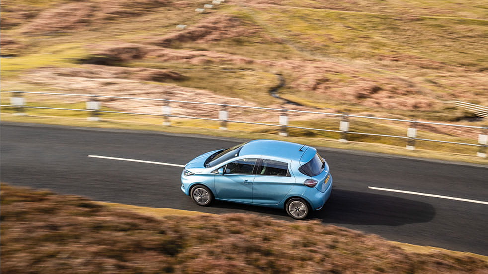 Great electric car drive; aerial photo